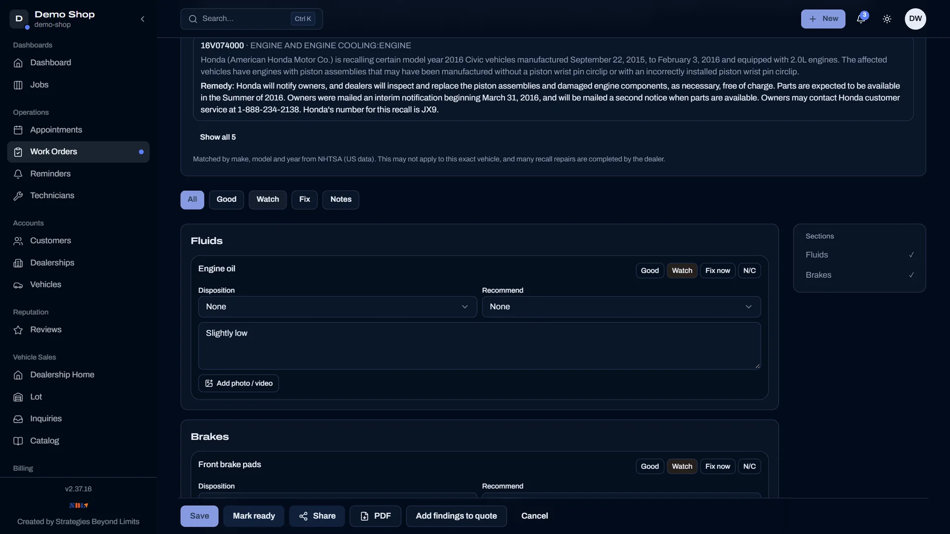 Motivra inspection checklist with Good, Watch and Fix ratings
