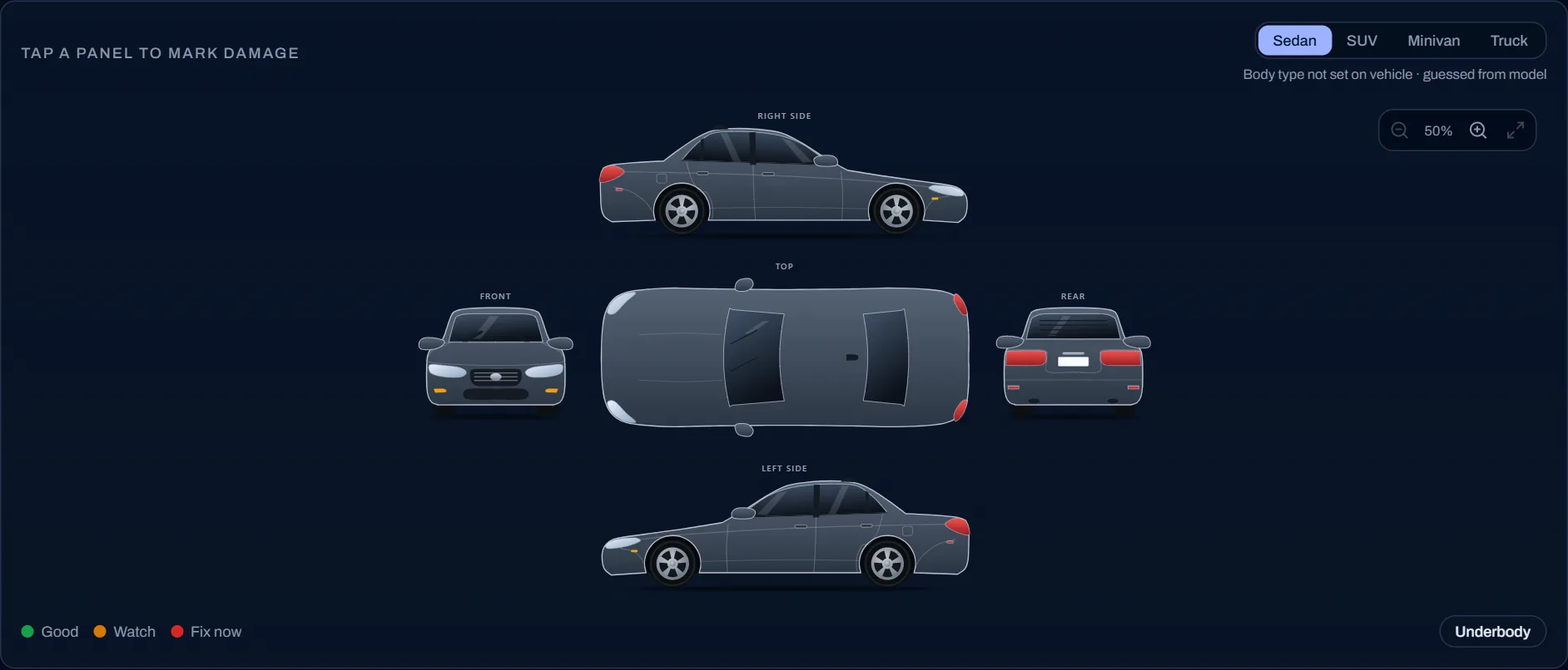 Motivra inspection body diagram of a sedan from five sides