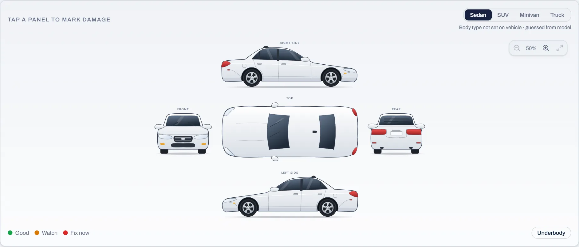 Motivra inspection body diagram of a sedan from five sides