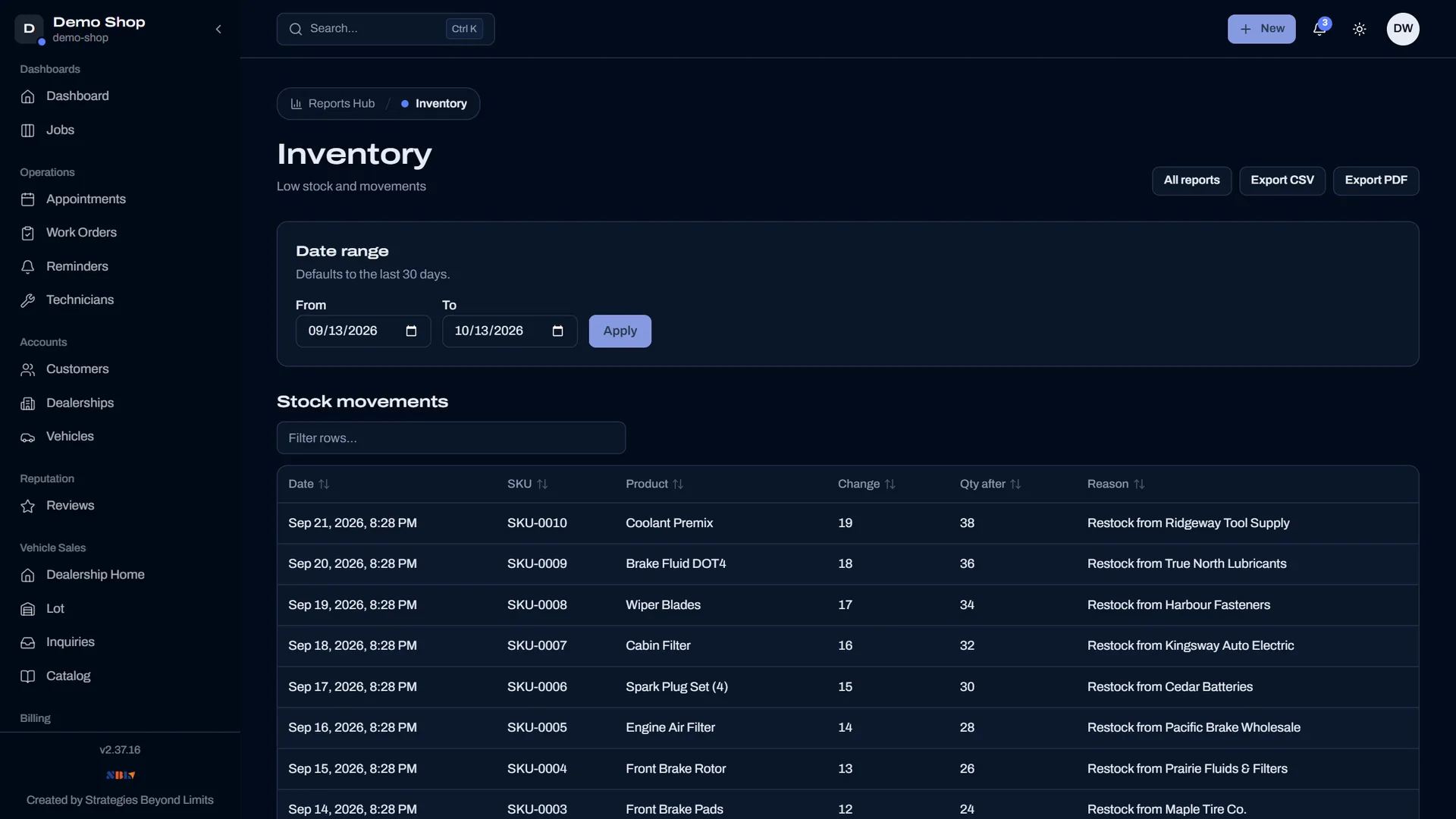 Motivra inventory report with stock movements