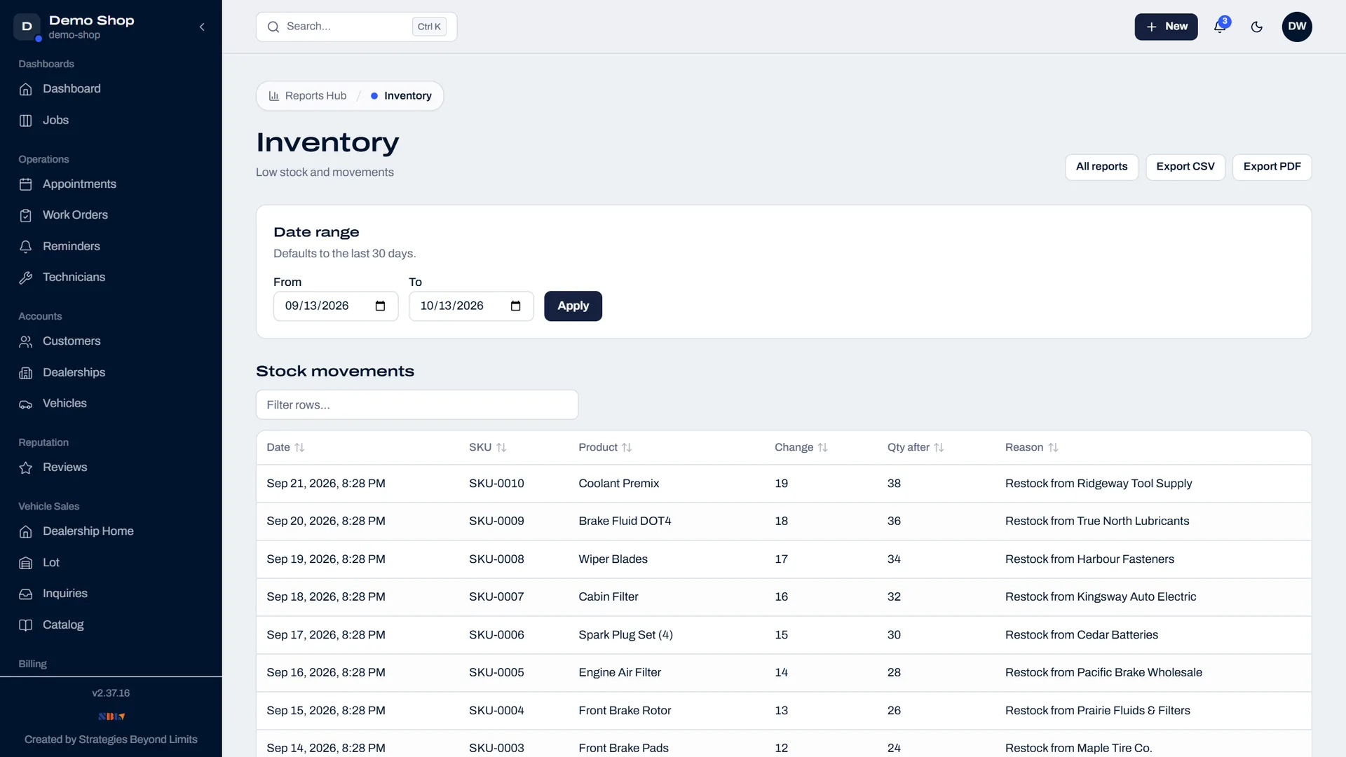 Motivra inventory report with stock movements