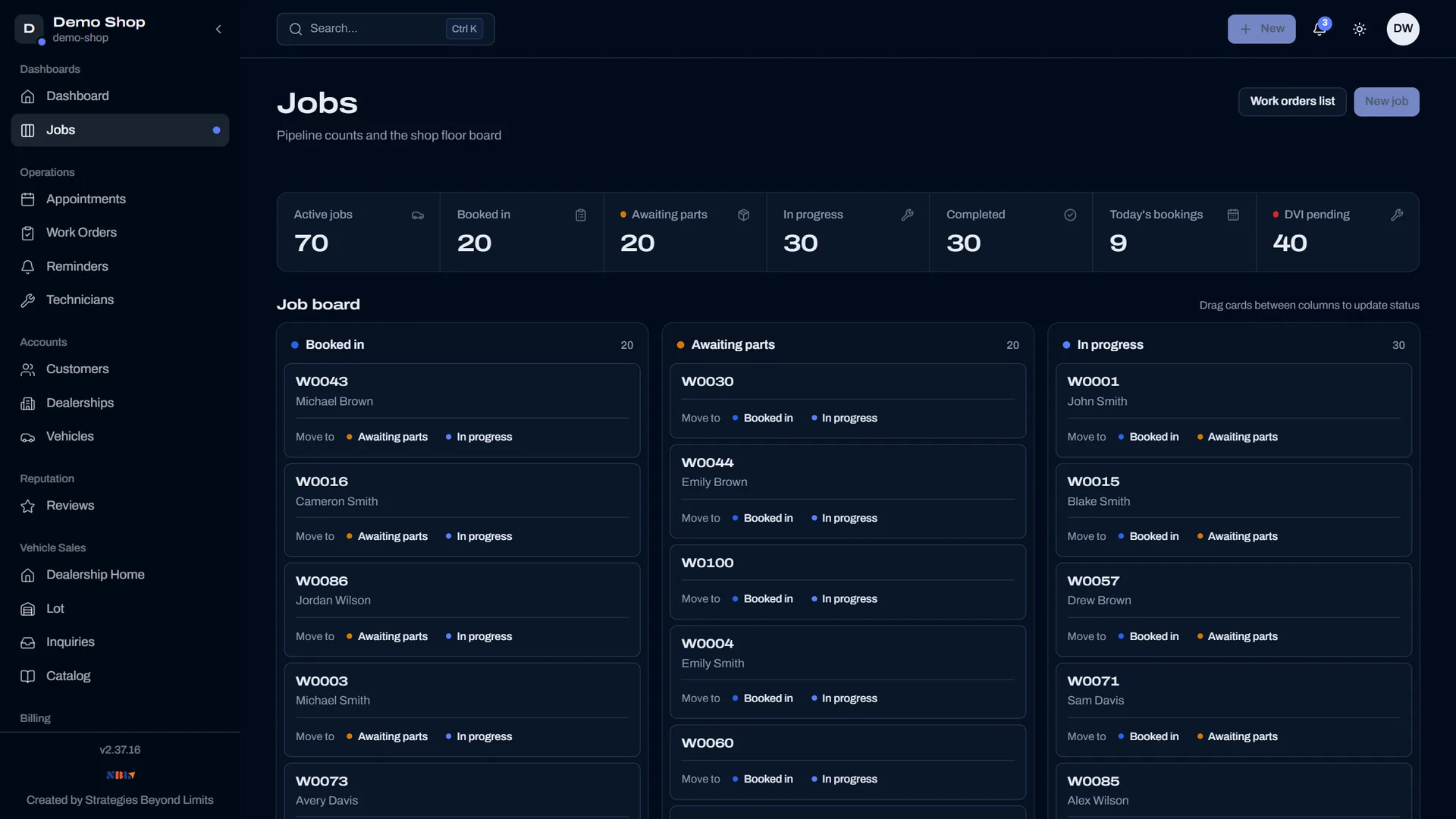 Motivra job board with work orders by status
