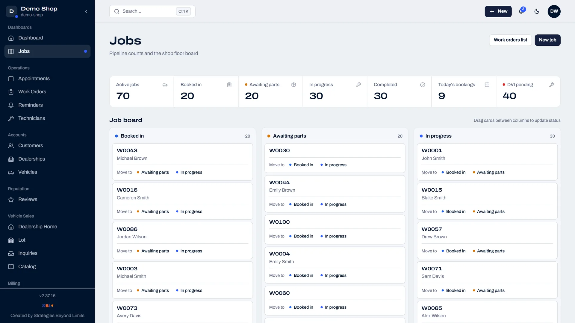 Motivra job board with work orders by status