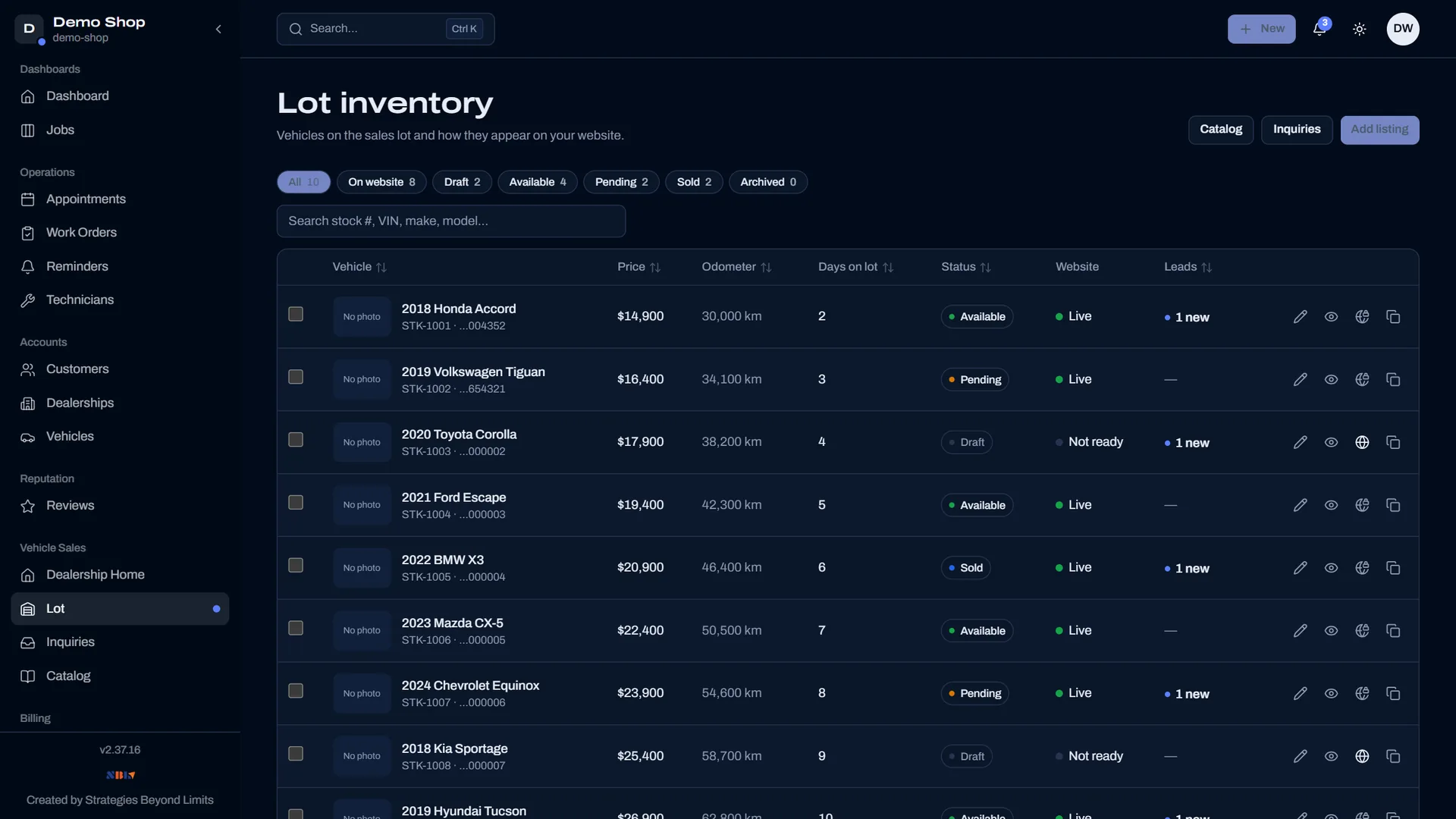 Motivra lot inventory with prices, status and leads
