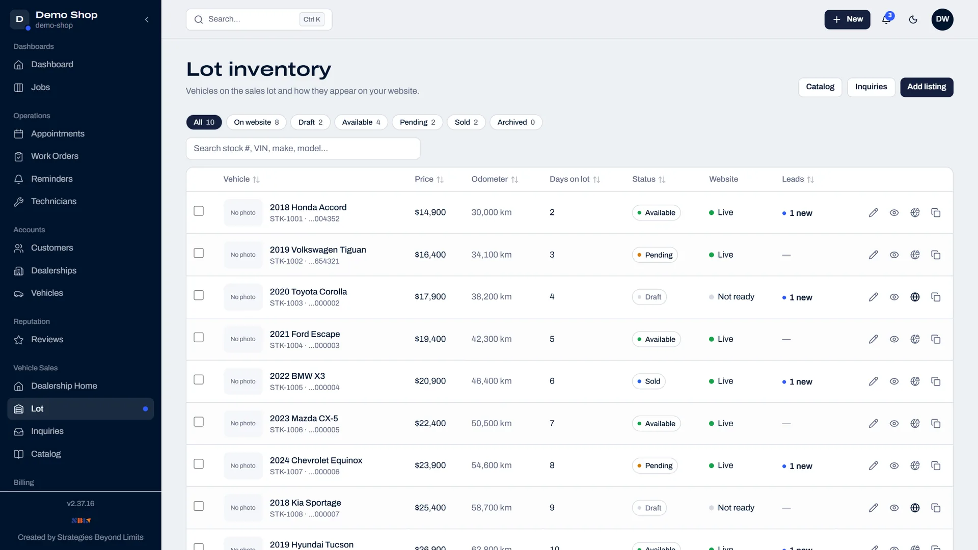 Motivra lot inventory with prices, status and leads